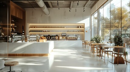 Poster - Modern architecture interior design, a minimal style cafe, a small cafe with dining area and counter. Generative AI.
