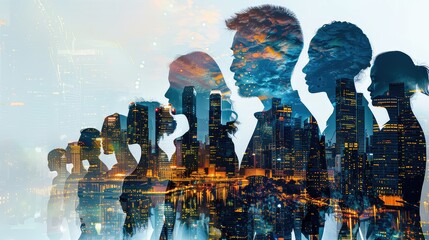 Sticker - A double exposure image of a diverse group of professionals overlaid with a city skyline, symbolizing career opportunities in urban settings. 