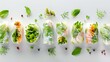 Vibrant top view of fresh spring rolls, perfectly rolled in rice paper, with a focus on the texture of the fresh herbs and vegetables, isolated setting