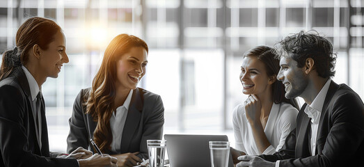 Leinwandbilder - Four business people sitting at a table with a laptop and a tablet, in meeting together, transparent background, business meeting, interesting background. Generative AI.