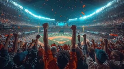 The audience getting excited with their hands in the air at the baseball stadium. victory pose. Generative AI.