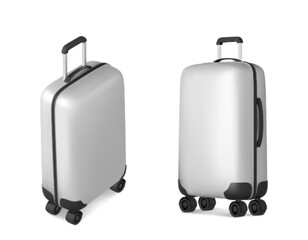 Wall Mural - White suitcase with handle and wheels in different angles of view. Realistic 3d vector illustration set of travel luggage bag. Plastic baggage for trip and vacation concept. Voyage accessory template.