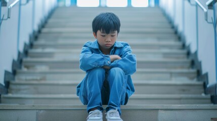 Bullying concept, A depressed Asian boy sitting alone on stairs, a victim of school bullying, facing stress and mental health problems in childhood.