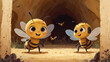 Cute small cartoon bee character hanging out by the beehive interacting with other bees and the queen bee