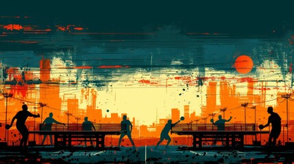 Wall Mural - Modern vector illustration of a dynamic ping-pong match, with players engaged in intense gameplay. Clean lines and bold colors convey the excitement of the sport.