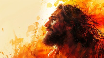 Wall Mural - Vibrant vector artwork featuring Jesus Christ in worship, with a warm orange watercolor background. Plenty of space for text or other design elements. 