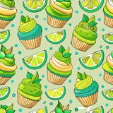 Fototapeta  - Seamless pattern of key lime cupcakes with a tart lime curd filling, Generative AI