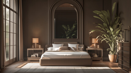 Poster - Bedroom with a large bed, a mirror, and a potted plant