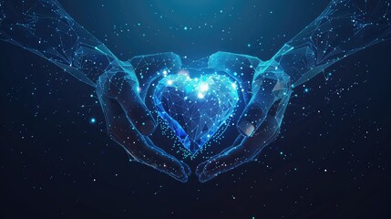 Wall Mural - A futuristic visualization featuring a modern abstract design of glowing low polygonal hands holding a heart shape, evoking the idea of compassion and solidarity in the realm of humanitarian aid.