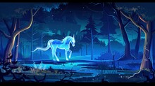 A Majestic White Horse With Shimmering Silver Mane Galloping Gracefully Through A Lush Fairy Forest, Its Hooves Barely Touching The Ground As Magical Light Filters Through The Dense Canopy Above. 