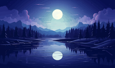 Sticker - tranquil moonlit lake vector simple 3d smooth cut isolated illustration