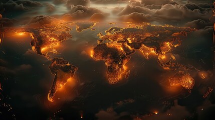 Fototapete - Glowing world map in dark background, top view. Generative AI.