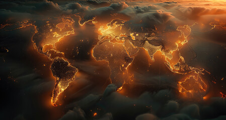 Fototapete - Glowing world map in dark background, top view. Generative AI.