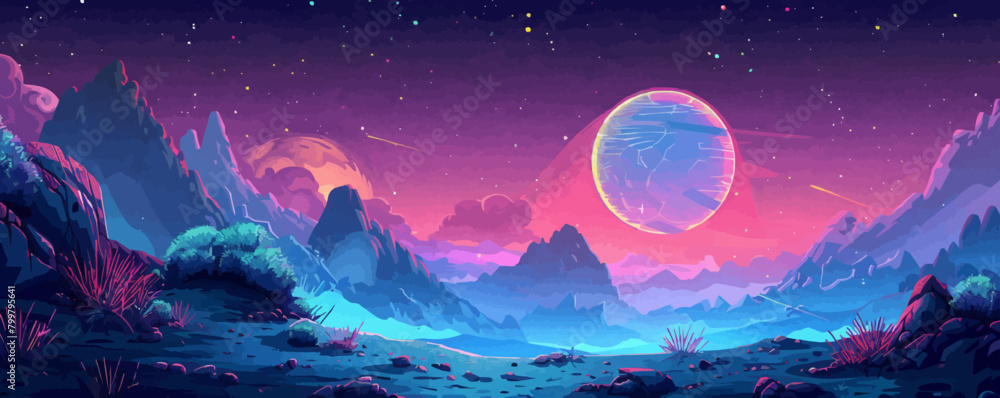 Fantastic game background with alien planet Colorful cartoon vector ...
