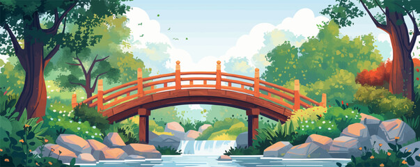 An idyllic countryside scene with a rustic wooden bridge crossing over a babbling brook. Vector flat minimalistic isolated