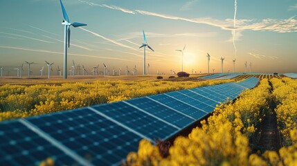 Aufkleber - A field yellow crops and wind energy and solar panels in the foreground. Generative AI.