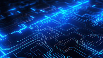 Futuristic tech background with abstract, neon-blue circuit designs, perfect for presentations on innovation in technology