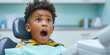 © Valeriia - Children treatment teeth, medical checkup. African-American with open mouth elementary school bo in dentist chair exposing white teeth. Creative banner with happy child kid for pediatric dentistry