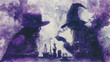Mysterious watercolor encounter: plague doctor and witch. Watercolor painting depicts a cloaked plague doctor conversing mystically with a witch over bottles and smoke in a purple haze