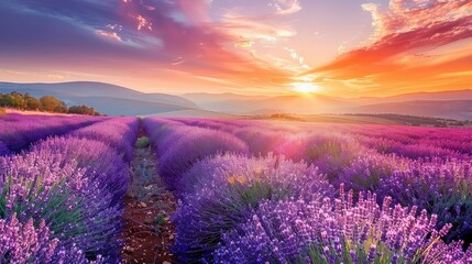 Wall Mural - Sunrise symphony in purple: Lavender fields come alive with the first light of day, a breathtaking sight of summer beauty. 