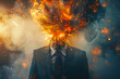 © Xchip - Man in a business shirt and tie exploding head. The concept of mental overload, busyness, stress at work, brain drain. Generative AI technology.