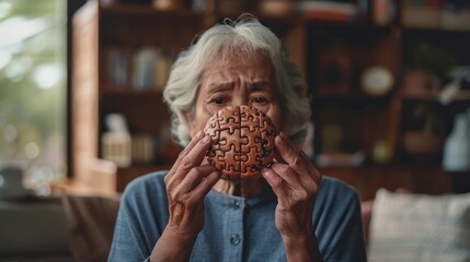 Elderly woman holds brain symbol of lost jigsaw puzzle World Alzheimer's disease, global mental health, memory loss Dementia Parkinson's disease