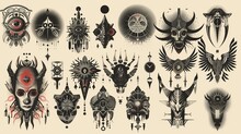 Neo-tribal Gothic Graphics Set. Intricate Black And Red Illustrations Featuring Mystical Eyes, Skulls, And Geometric Shapes On A Tan Background.