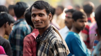 Man standing out in a crowd. A confident man in a patterned shirt stands in sharp focus among a blurred group of people, portraying individual presence in a busy setting.