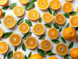Fresh orange slices on white background. Vivid orange slices neatly arranged on a clean white surface, creating a bright and refreshing citrus pattern top view