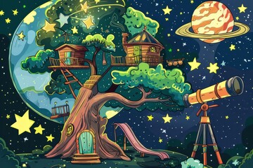 Sticker - Cartoon cute doodles of a celestial treehouse hideout, floating among the stars with a telescope for stargazing and a comet-shaped slide, Generative AI