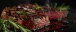 A mouthwatering grilled ribeye steak with a deeply caramelized crust and a vibrant, pink interior, garnished with fresh rosemary and seasonings.
