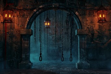 Wall Mural - A dark, gloomy room with chains hanging from the ceiling and a doorway