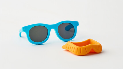 Bright blue sunglasses and orange swim goggles on a white background, suggesting summer fun.