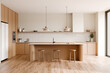 Minimal kitchen with wooden cabinets, a kitchen island, and modern pendant lights, 3d render.