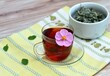 © svehlik - Cup of herbal infusion from Cistus incanus, known as rock rose. Traditional curative herbal tea with many external and internal benefits.  Dried leaves in bowl.