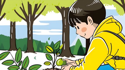 Wall Mural - Young Person Planting Trees for Sustainable Reforestation and Climate Action