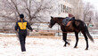 Person leading a horse in a snowy paddock.