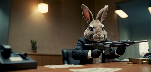 rabbit in a suit robbing a bank with a gun