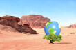 Earth day. Planet on green leaves on tree in sand desert. Ecology, go green, environmental and conservation protection. Concept of global warning, climate change and dying Earth. 3d render