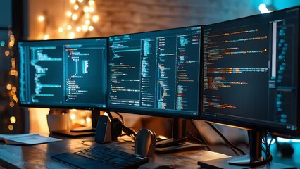 Wall Mural - computer screens showcasing programming code in a high-tech environment. explore web development, ap