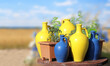 Rustic clay jugs of yellow and blue colors on wooden table on sunny nature background. Colourful traditional decorative jugs for wine on blurred backdrop of the countryside