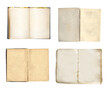 Collection of old books with blank pages. Set of vintage opened book with blank page. Object isolated on white background. Mock up template. Copy space for text
