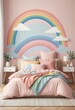 A vibrant rainbow-themed bedroom adorned with a pink bed and matching comforter for a whimsical touch 