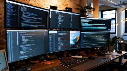 Wall Mural - computer screens showcasing programming code in a high-tech environment. explore web development, ap