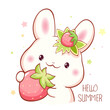 Cute season card in kawaii style. Lovely little bunny with strawberry. Inscription Hello summer. Can be used for t-shirt print, stickers, greeting card design. Vector illustration EPS8