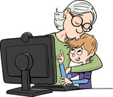 Fototapeta Młodzieżowe - Grandmother and grandson in front of a computer monitor