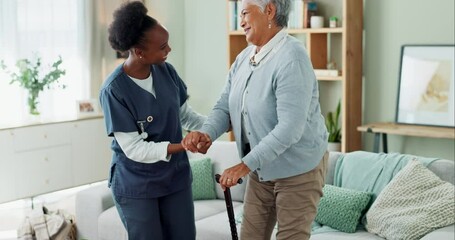 Poster - Senior, woman and caregiver with help or walking stick for mobility, injury healing and retirement support in nursing home. Elderly person, nurse and helpful with movement or medical care in homecare