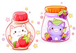 Cute tiny cat with berries in glass bottle. Set of cute animals. Kawaii kitty with strawberry. Fresh Beverage and Drink. Can be used for t-shirt print, sticker, greeting card. Vector illustration EPS8