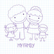 Sketch in doodle style with happy  family. Cheerful family - mom, dad, son and daughter. Vector illustration EPS8