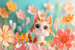 3D illustration of cute cat and summer flowers. Greeting card.